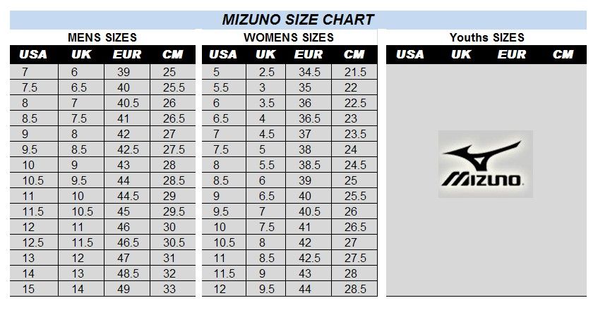 mizuno women's shoe size chart
