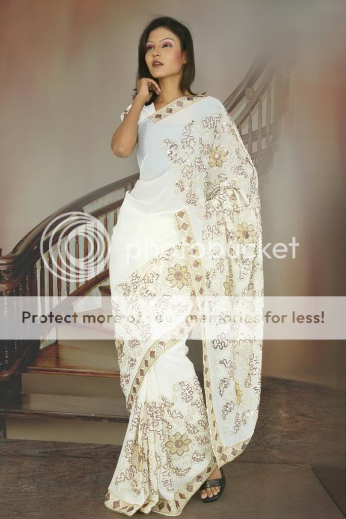 Ivory White Sequin Embroidery Partywear Sari Saree Veil  